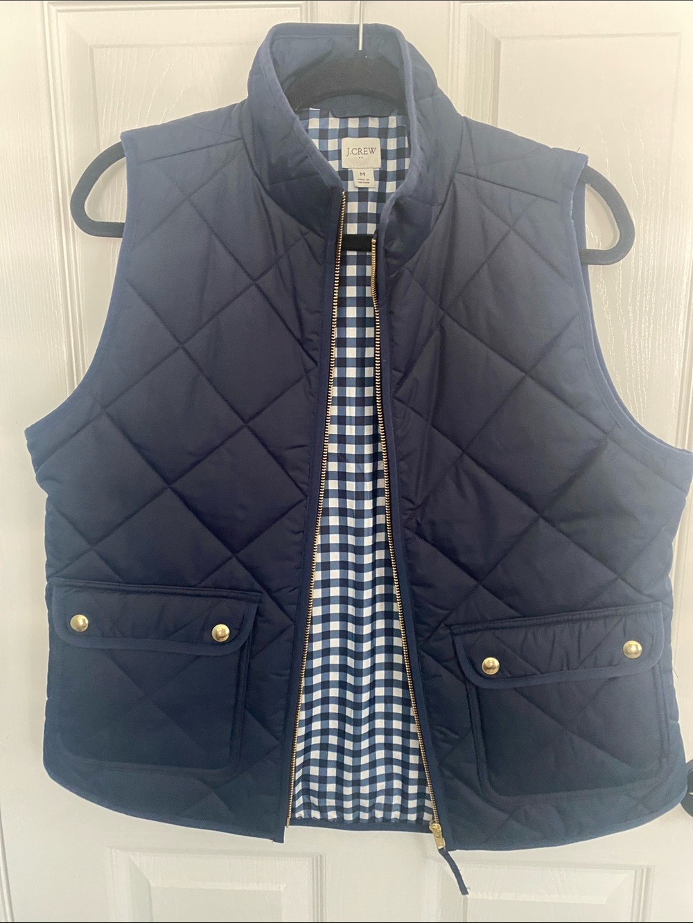 J. Crew Navy Quilted Vest with Gingham Lining